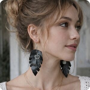 Princess Crown Black Leaf Or Feather Earrings Vegan Leather Handmade